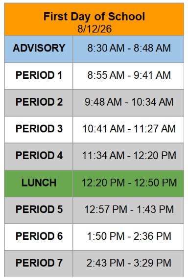 First Day of School Schedule